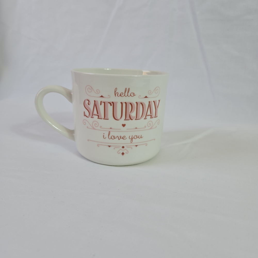 Opalhouse‎ White Pink "Hello Saturday I Love You" 16oz Stoneware Coffee Mug